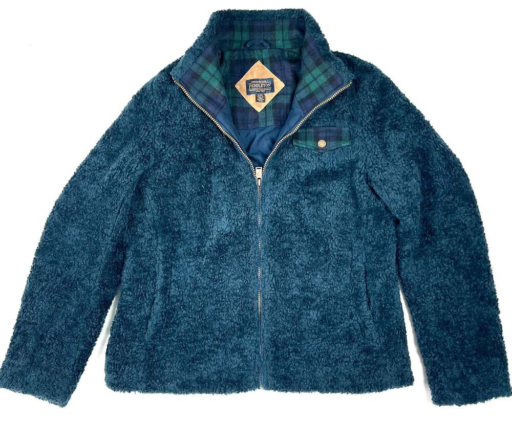 Pendleton Women Full Zip Sherpa Fleece Jacket Blue Plaid Lined Small
